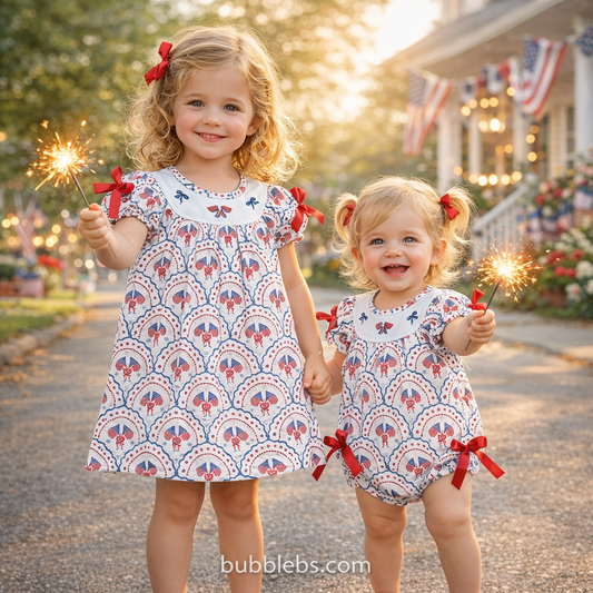 4th of July Red White Blue Embroidery Bow Girls Romper