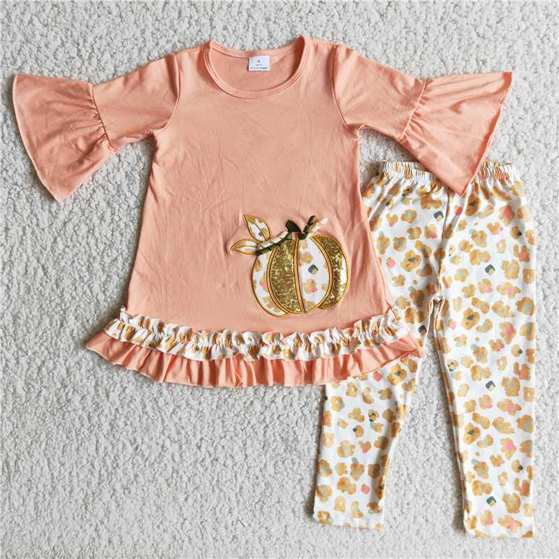 Girls Pumpkin Sparkle Ruffle shirt Set