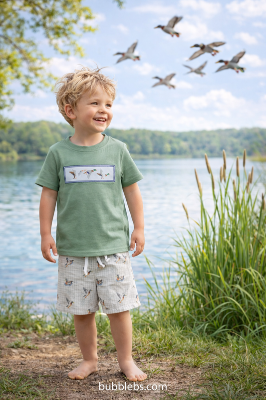 Baby Boys Checked Hunting Clothes Sets with Embroidery Ducks Top And Shorts with Pockets for Kids