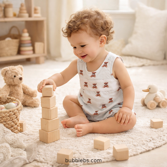 Classic Teddy Bear Stripe Bubble Romper