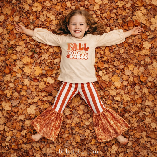 Girls Fall Vibes Outfit Set – Beige Long Sleeve Top & Rust Striped Bell Bottom Pants