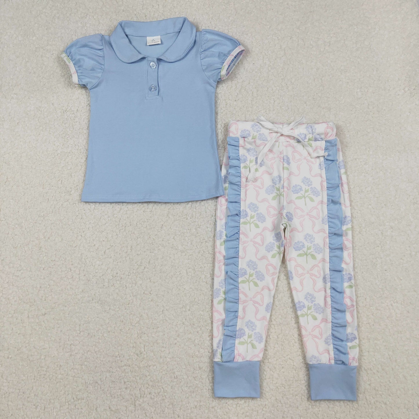 Girls Blue short sleeve floral ruffle pant