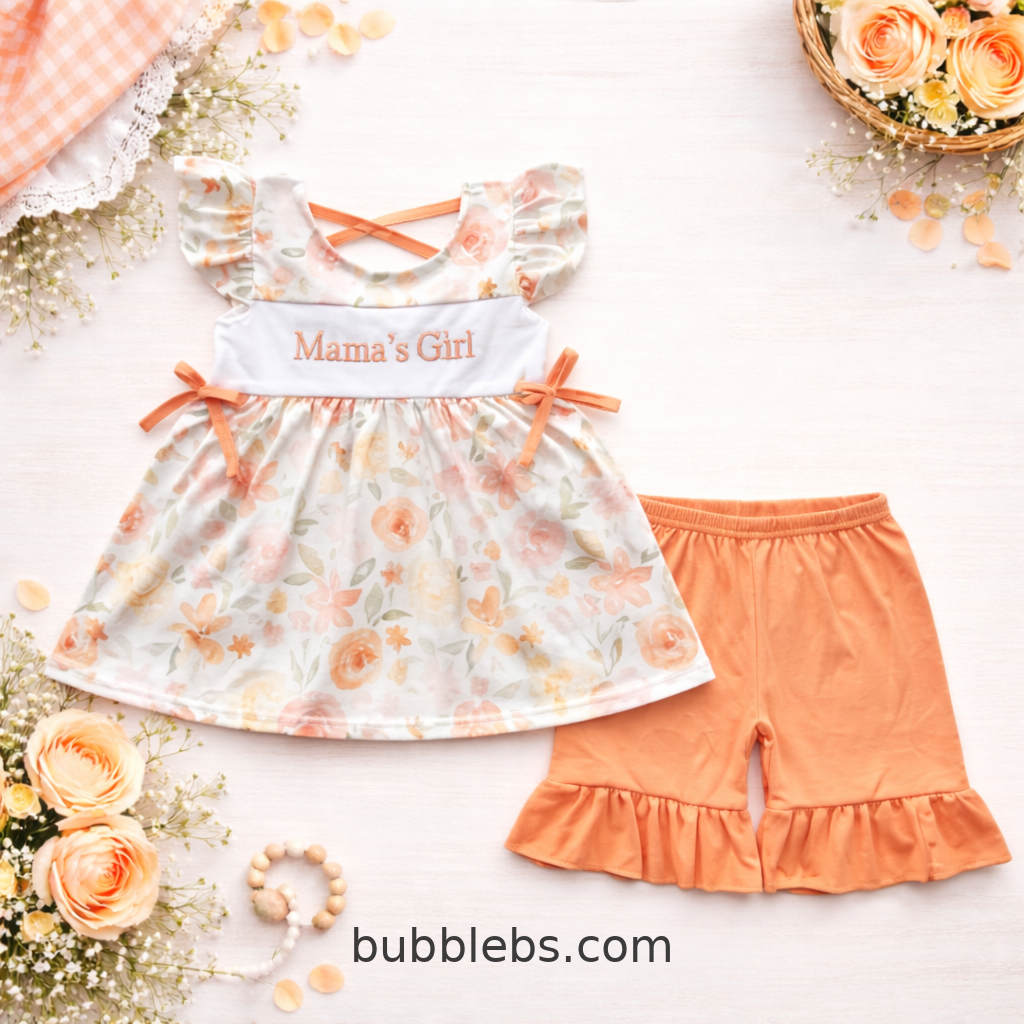 Mama's Girl Peach Floral Flutter Top & Ruffle Shorts Girls Set