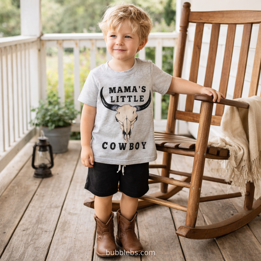 Mama's Little Cowboy Gray Bull Skull Shirt & Black Shorts Boutique Boys 2-Piece Set