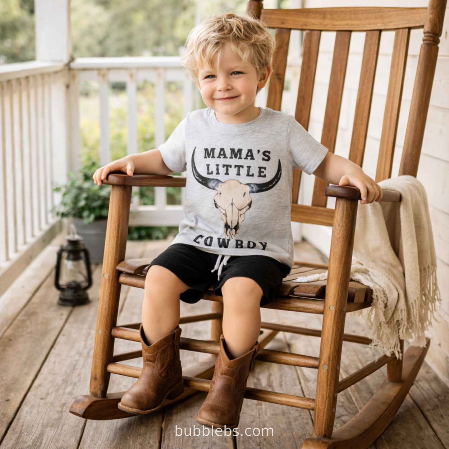 Mama's Little Cowboy Gray Bull Skull Shirt & Black Shorts Boutique Boys 2-Piece Set