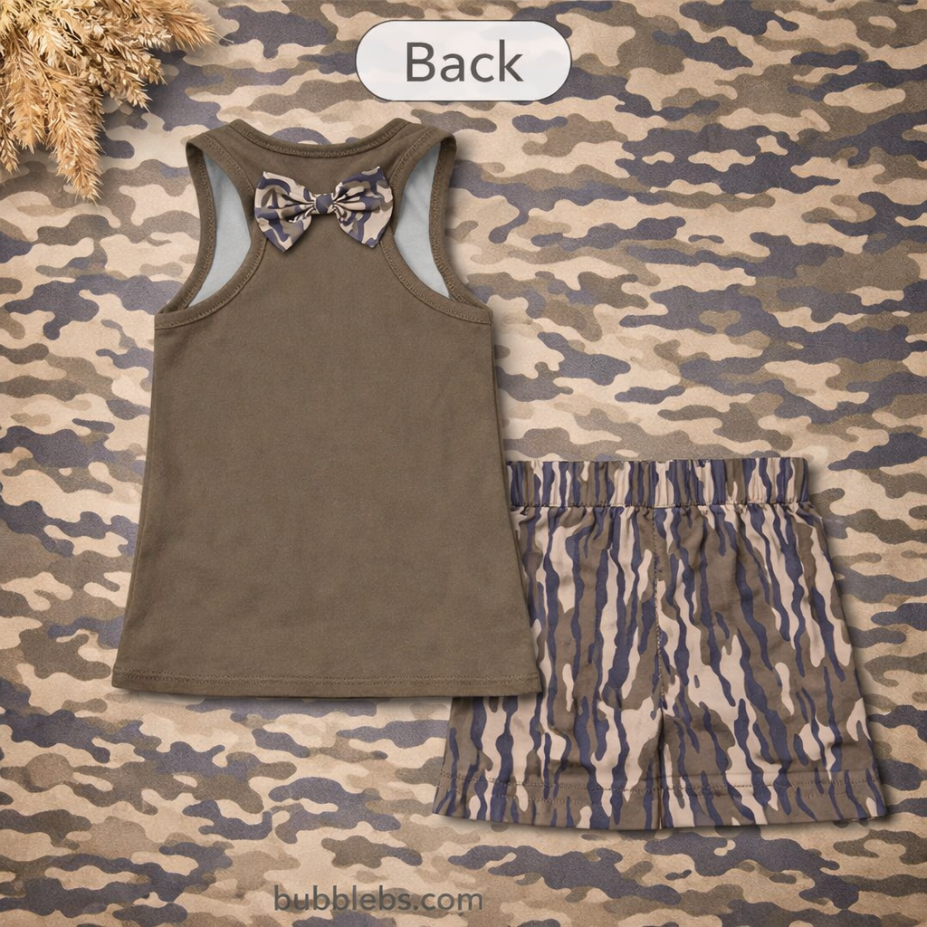 Neutral Brushstroke Camo Bow Girls Two Piece Set