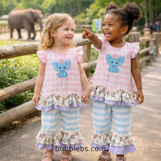 Pink Gingham Elephant Ruffle Top & Blue Stripe Ruffle Pants Set