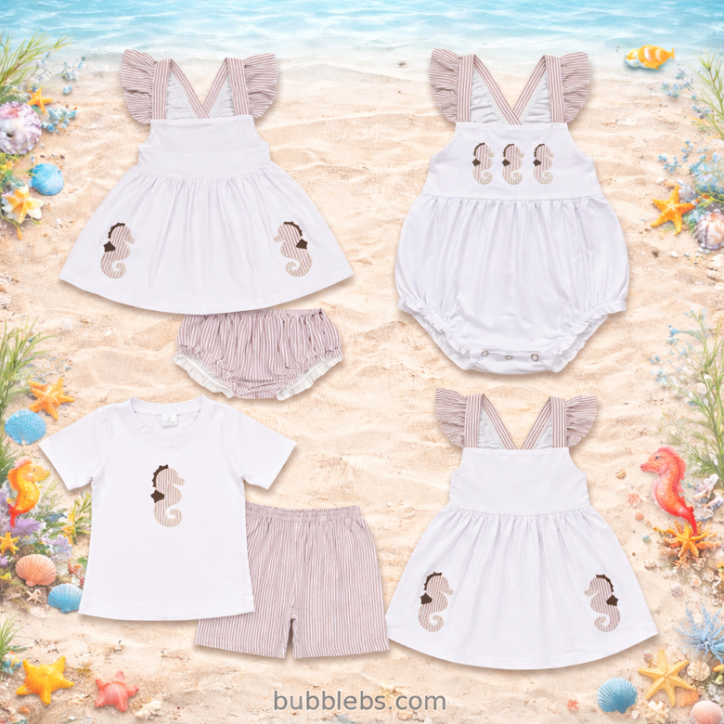 Seaside Seahorse Sibling Set Embroidered Boys Two Piece