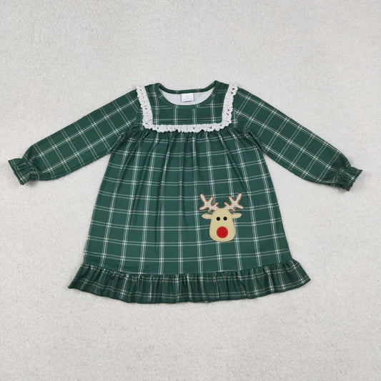 Girls Reindeer Plaid Dress