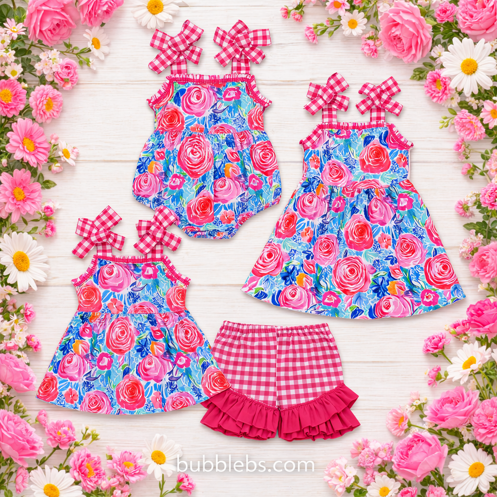 Baby Girls Pink Flowers Straps Sibling Summer Set