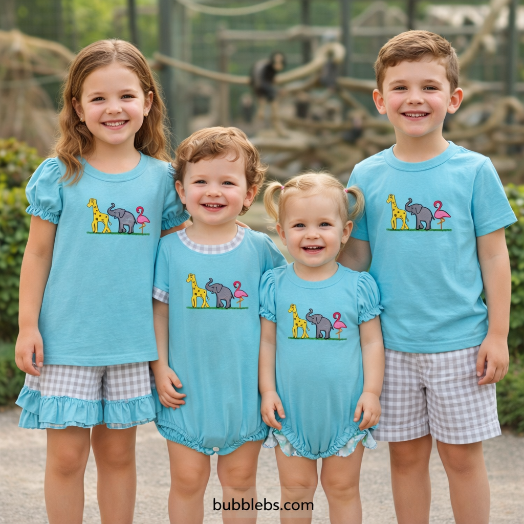 Blue Animals Embroidered Sibling Set