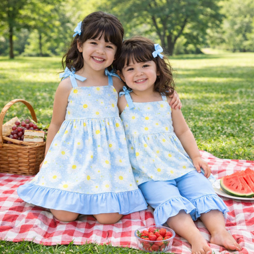 Girls Daisy Flowers Bows Summer Sibling Set