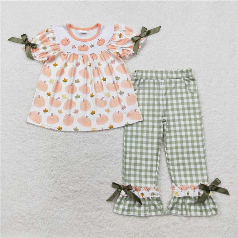 Girls Pumpkin Leaves Ruffle Pant Set