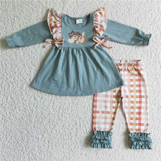 Girls Pumpkin Long sleeve bow Set