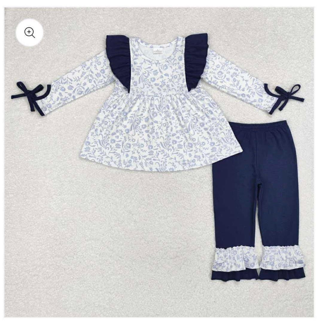Girls Ruffle Floral Navy set