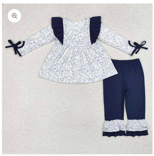 Girls Ruffle Floral Navy set