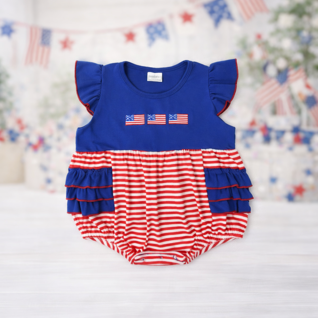 4th Of July Flags Girls Romper