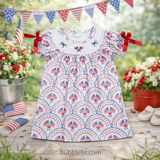 4th of July Red White Blue Embroidery Bow Girls Dress