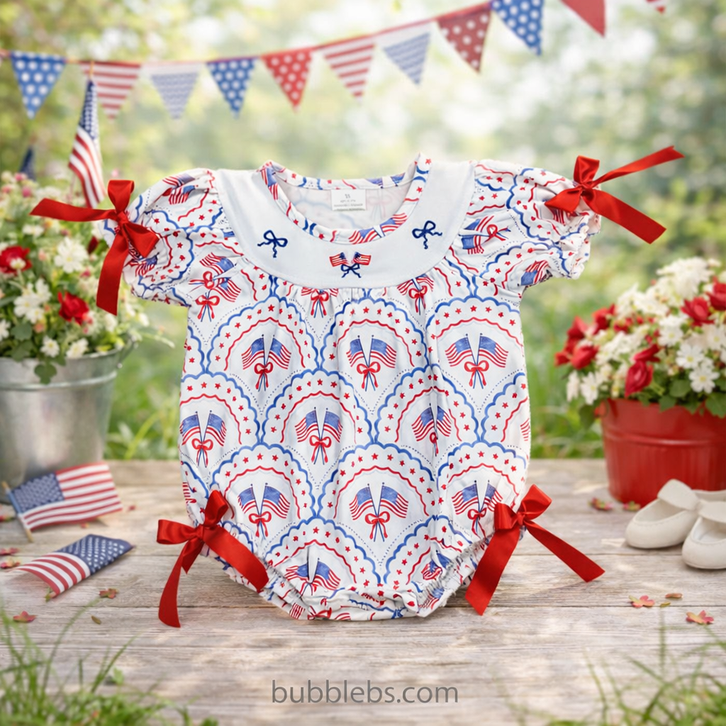 4th of July Red White Blue Embroidery Bow Girls Romper