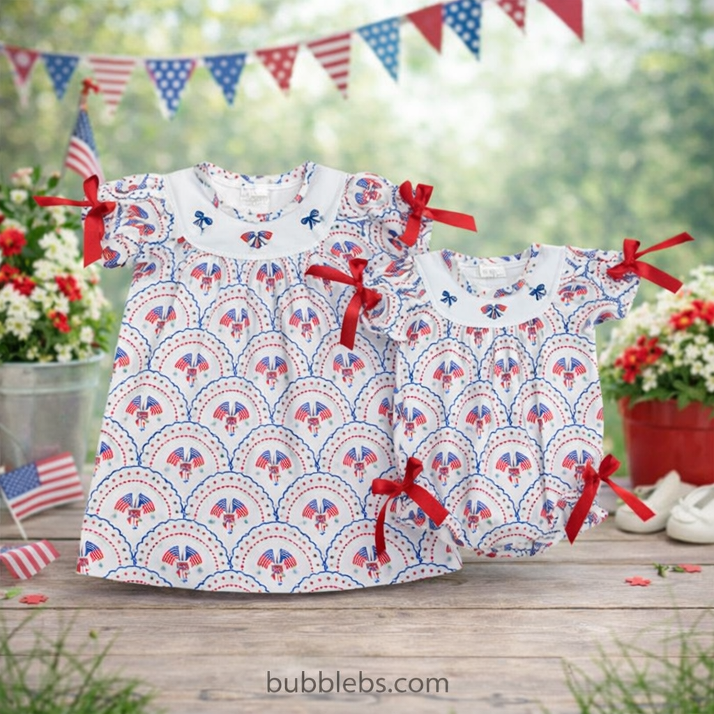 4th of July Red White Blue Embroidery Bow Girls Romper