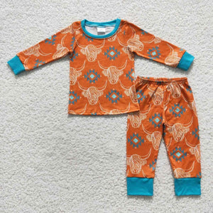 Orange Aztec Highland Cow Pajamas - Boys