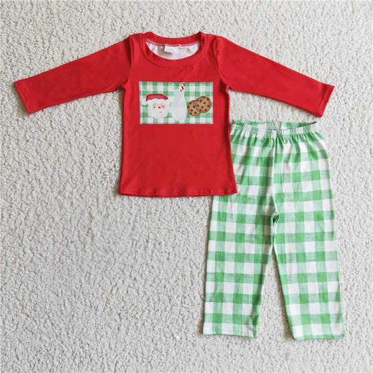Boys Christmas Green Plaid Milk and Cookies Set