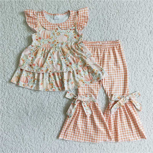 Girls Pumpkin Bellbottom Plaid set
