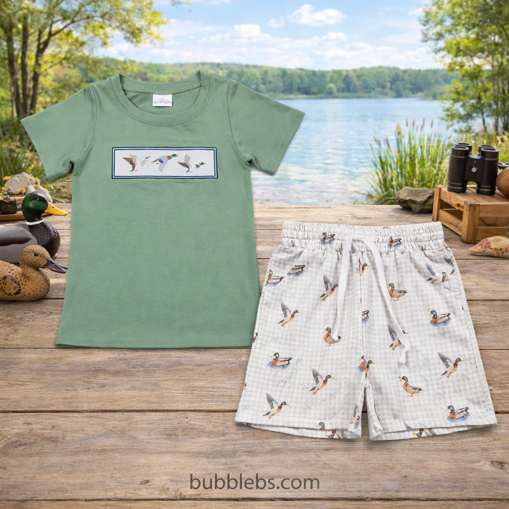 Baby Boys Checked Hunting Clothes Sets with Embroidery Ducks Top And Shorts with Pockets for Kids