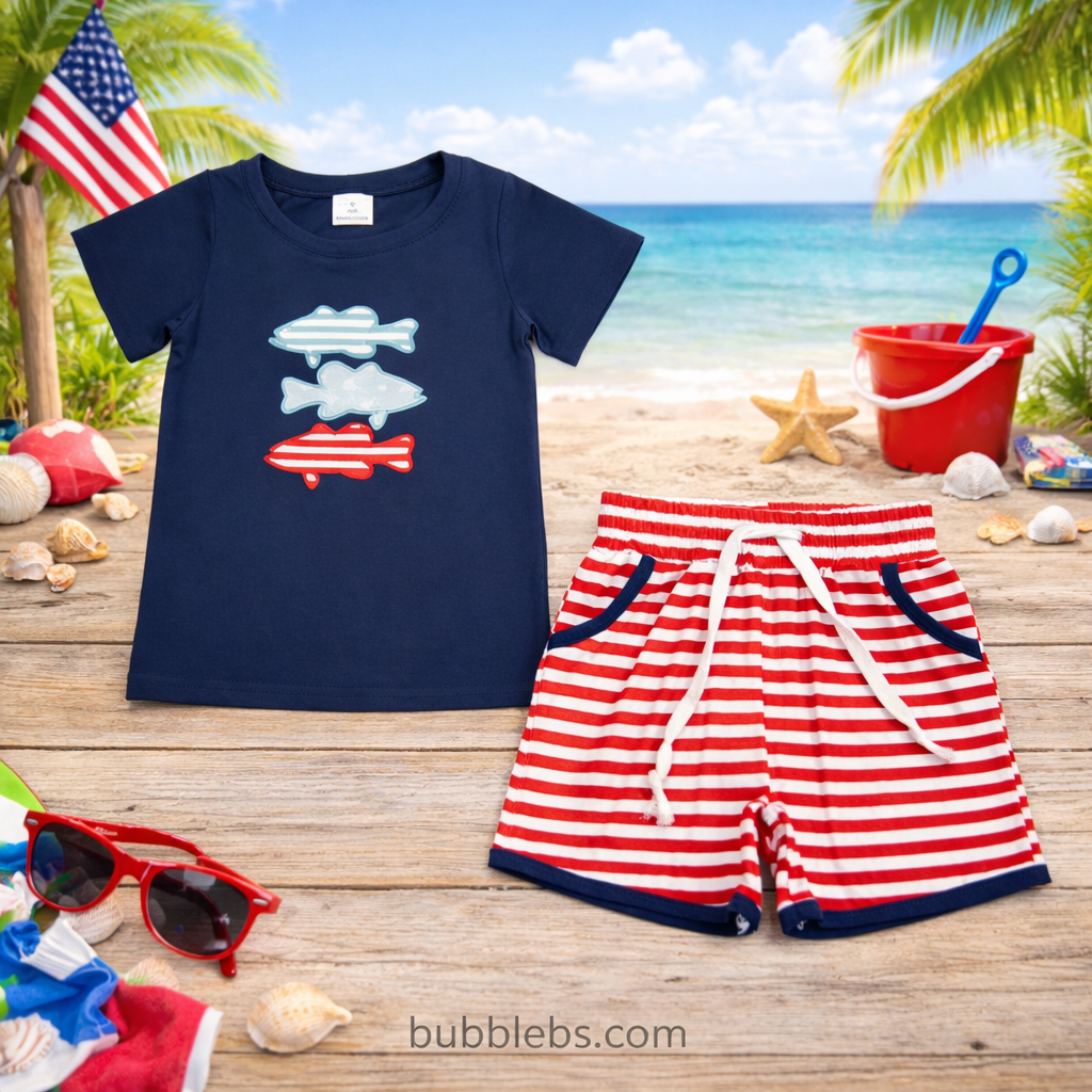 Embroidered Fish Baby Boys Outfit with Stripe Top And Shorts Clothing Set for 4th of July