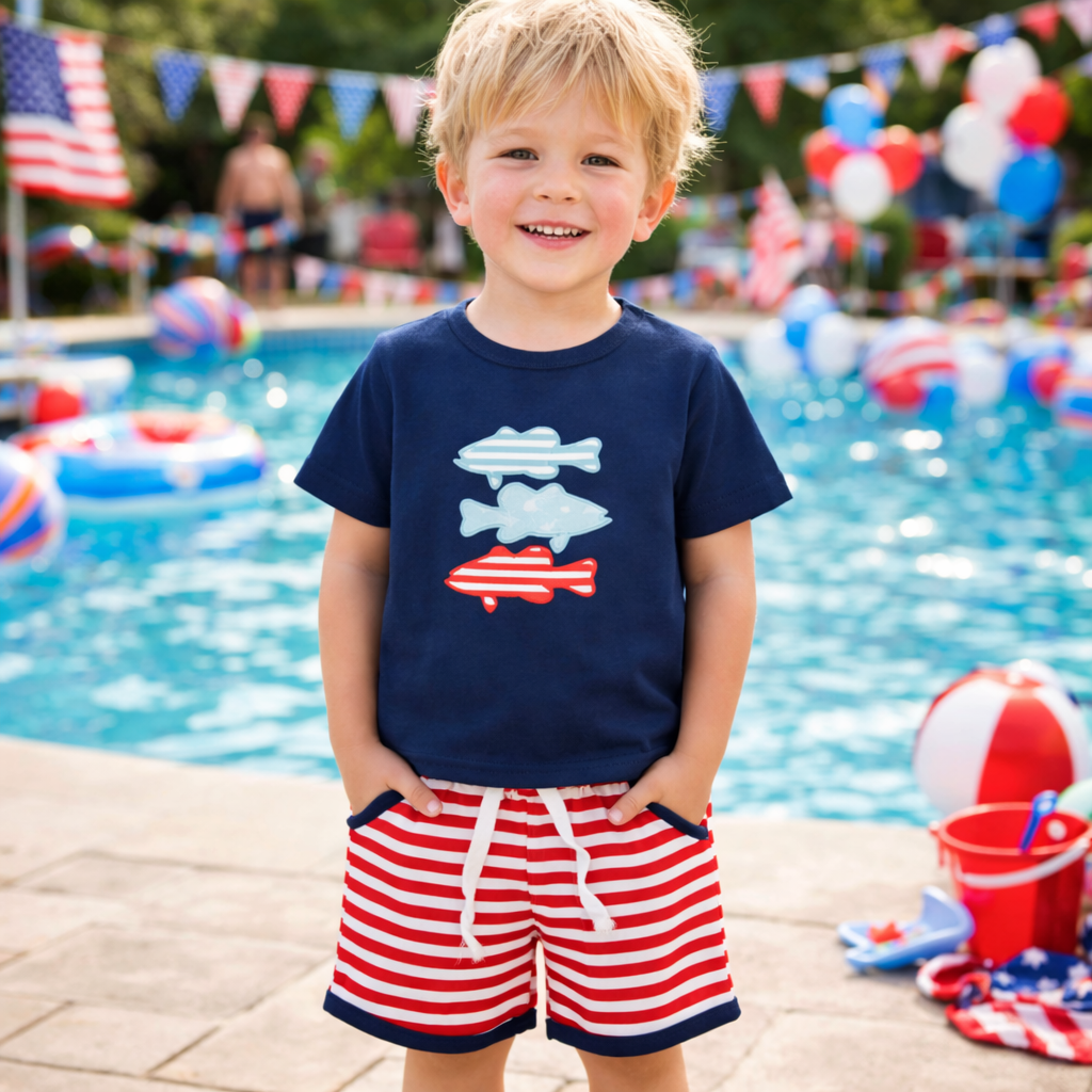 Embroidered Fish Baby Boys Outfit with Stripe Top And Shorts Clothing Set for 4th of July