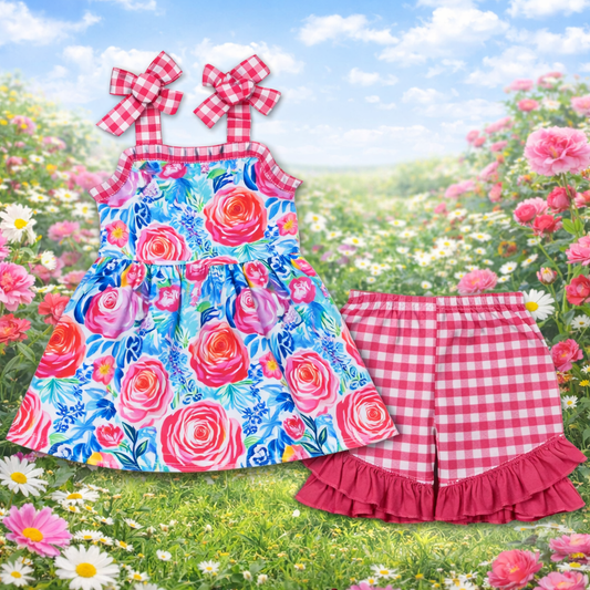Baby Girls Pink Floral & Gingham Two-Piece Set