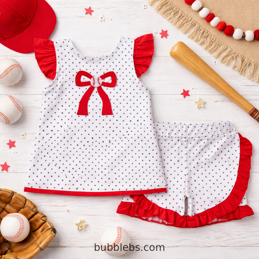 Baseball Bow Dots Girls Two Piece Outfit
