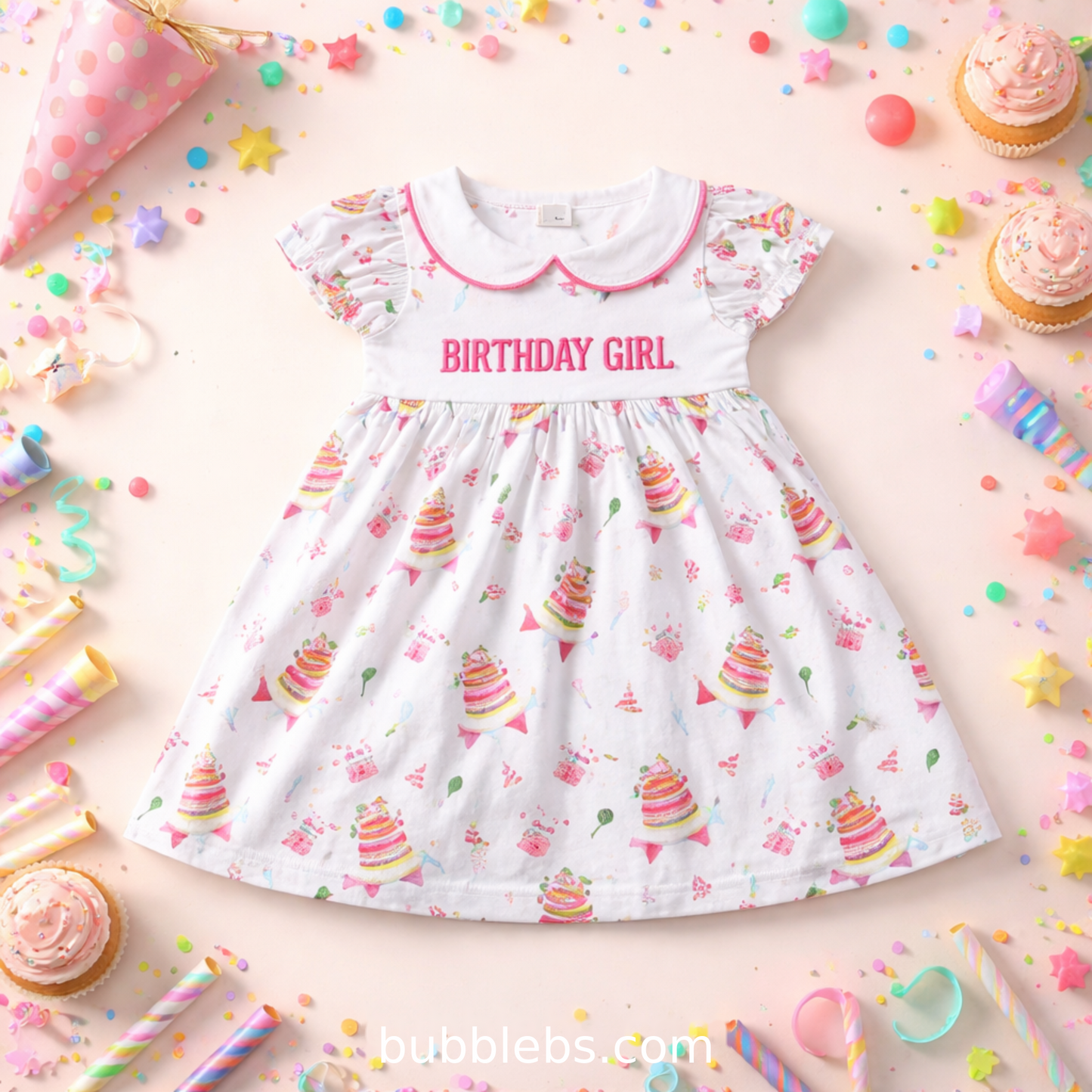 Birthday Girl Cake Party Print Flutter Sleeve Dress