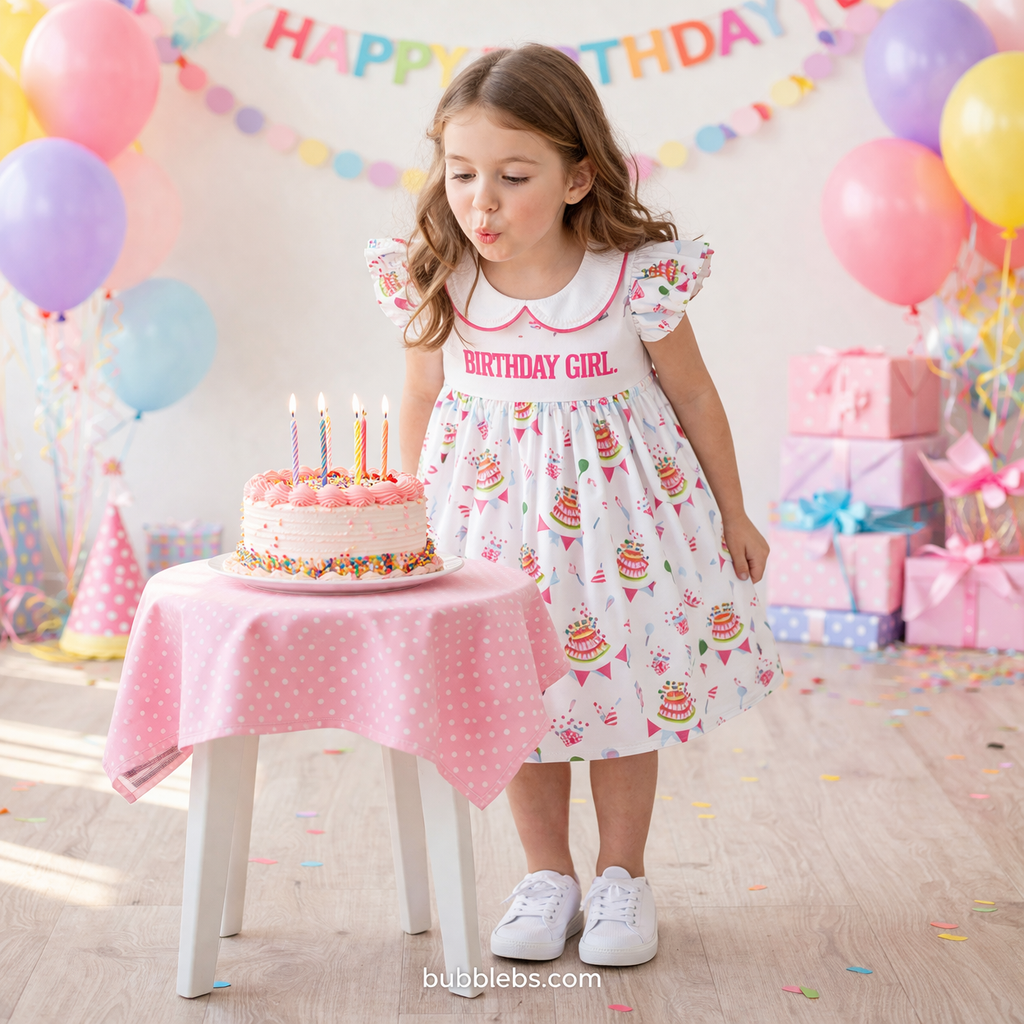 Birthday Girl Cake Party Print Flutter Sleeve Dress