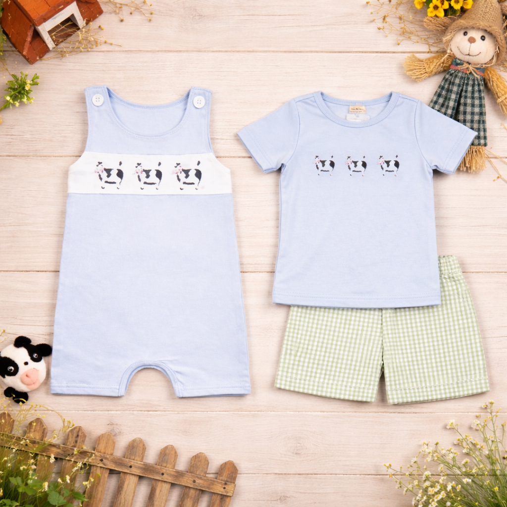 Blue Cows Sibling Set Boys Romper