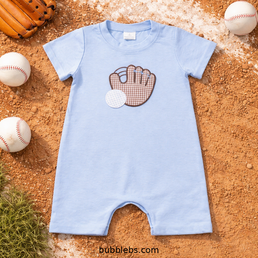 Blue Glove Romper Baseball Embroidered