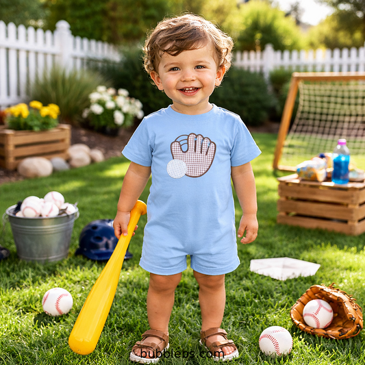 Blue Glove Romper Baseball Embroidered