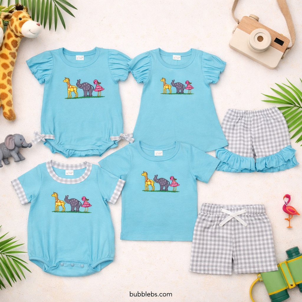 Blue Animals Embroidered Girls Bubble