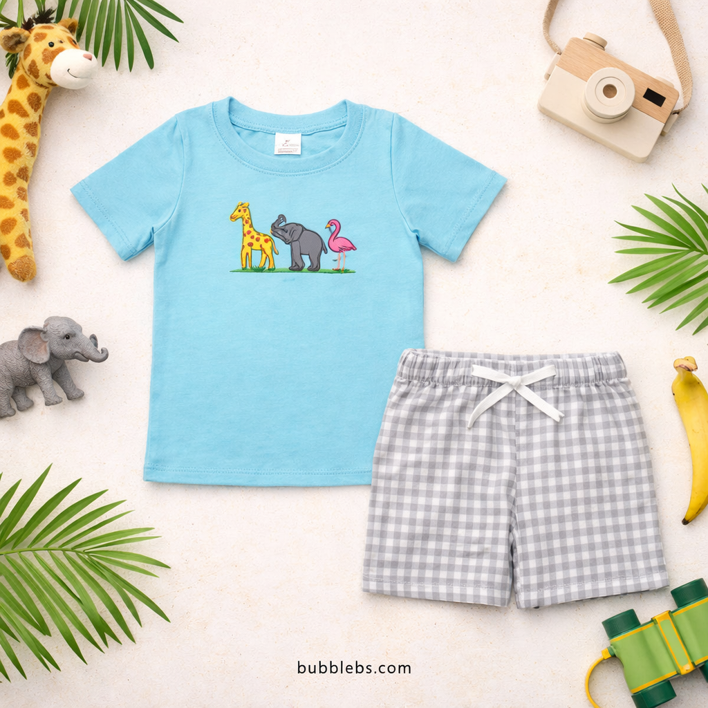 Blue Animals Embroidered Boys Two Piece Set
