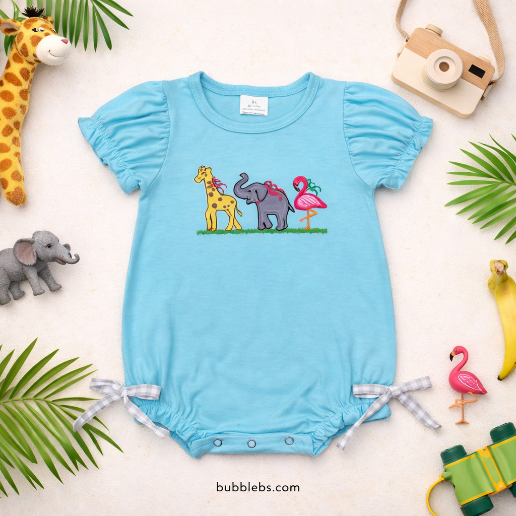 Blue Animals Embroidered Girls Bubble