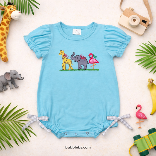 Blue Animals Embroidered Girls Bubble