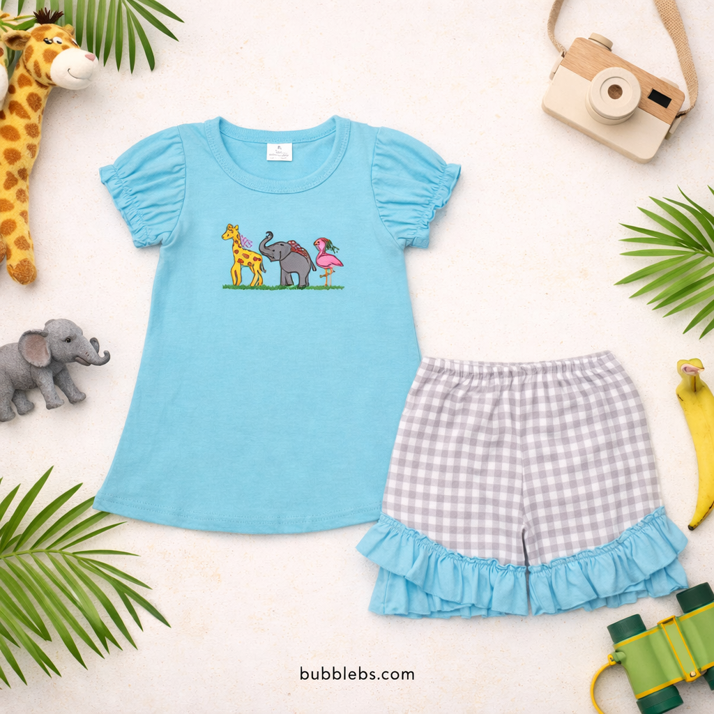 Blue Animals Embroidered Girls Two Piece Set