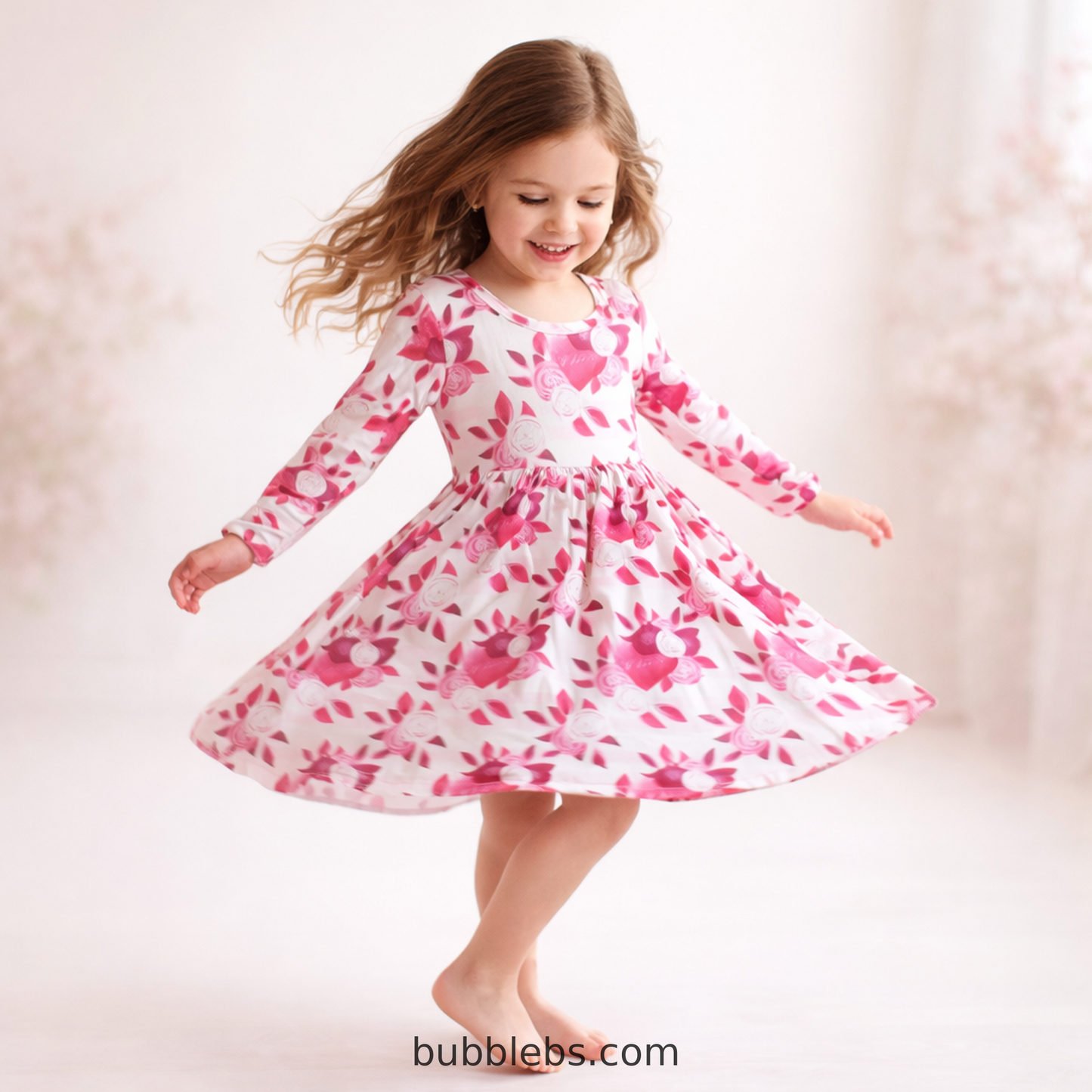 Blush Vintage Rose Long Sleeve Twirl Dress