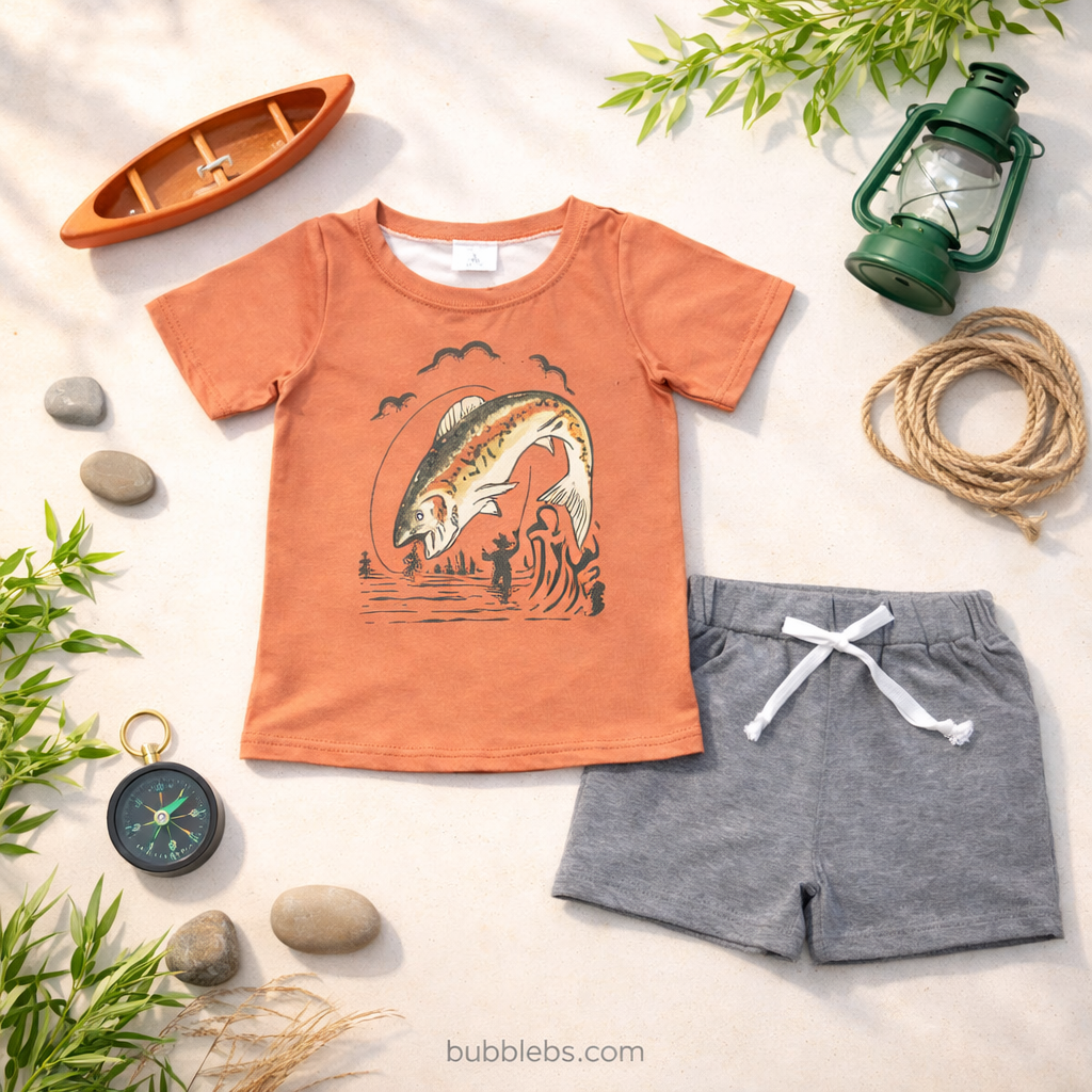 Boys Fishing Graphic Tee & Gray Shorts Set