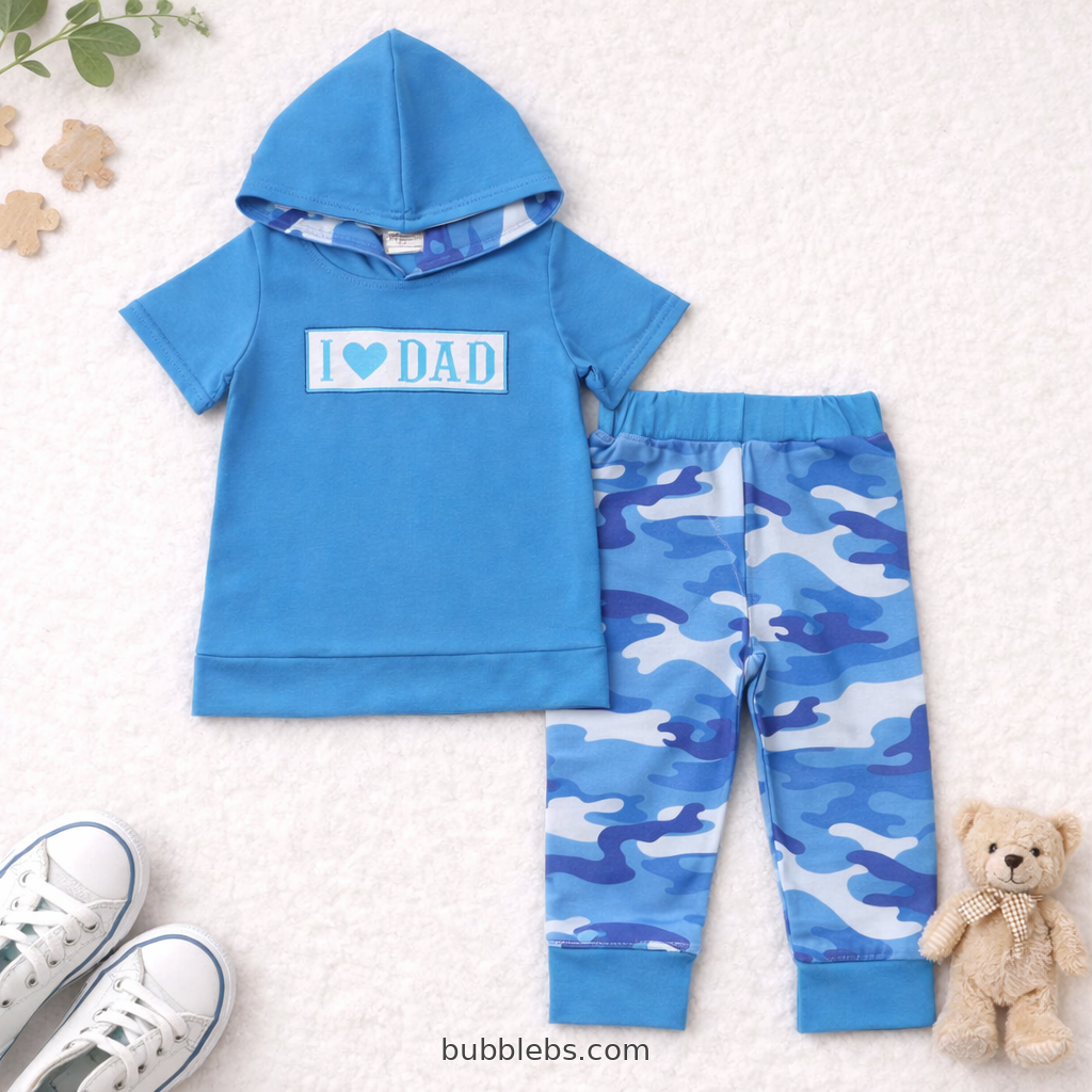Camouflage Blue Boys Two Piece Set with Long Pants and Hoodie