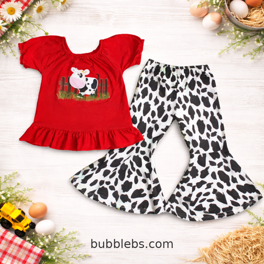 Cow Print Bell Bottom Girls Set with Red Cow Top
