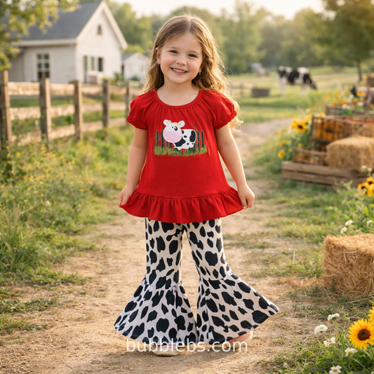 Cow Print Bell Bottom Girls Set with Red Cow Top