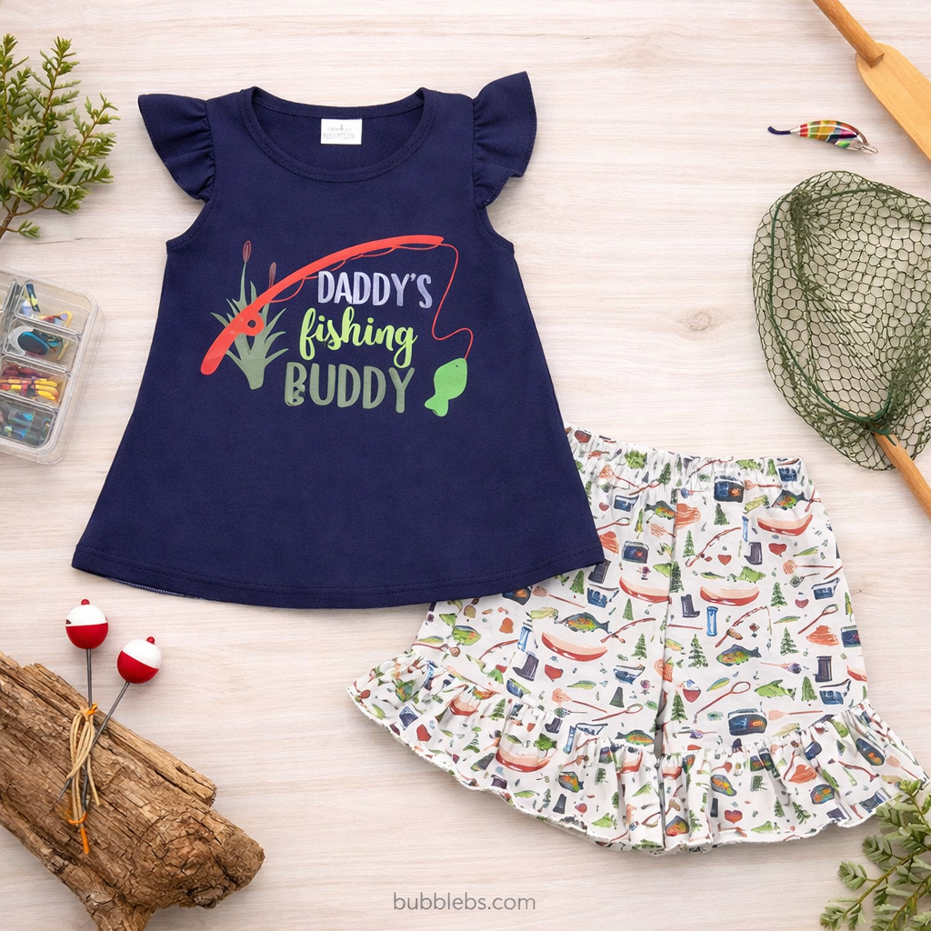 Daddy's Fishing Buddy Blue Shirt Girls Two Piece