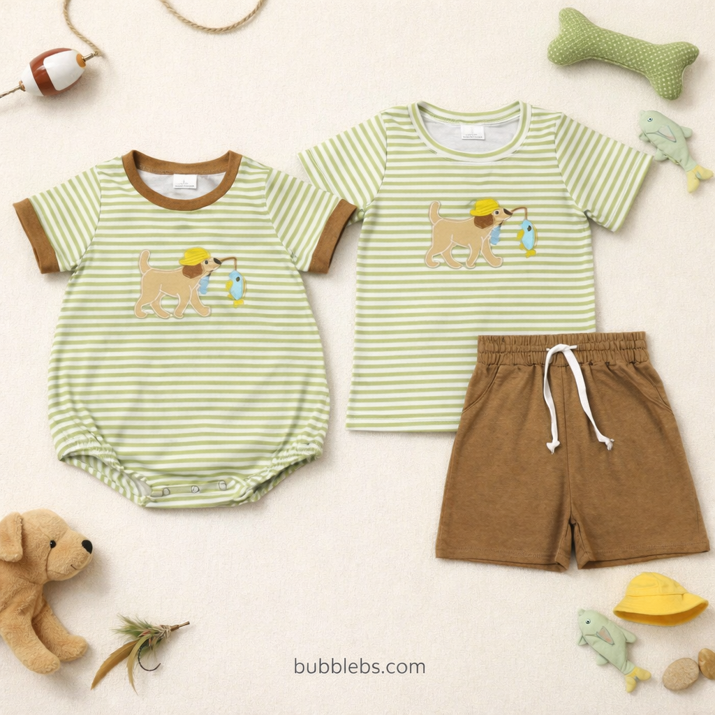 Dog Fishing Striped Boys Bubble Romper
