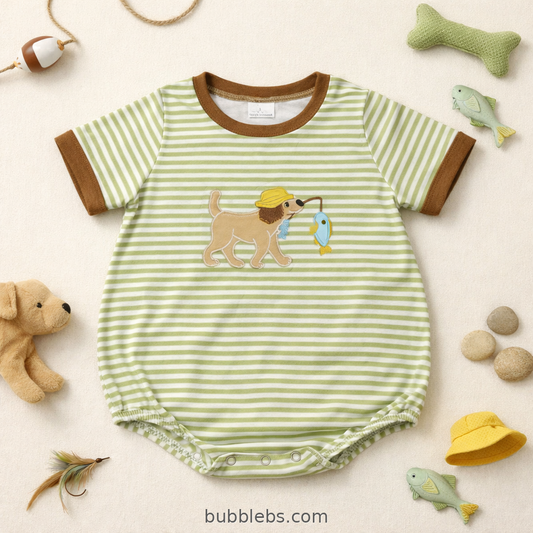 Dog Fishing Striped Boys Bubble Romper